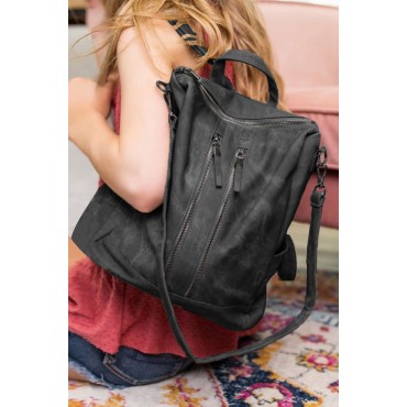 Black Zipper Pockets Vegan Leather Backpack